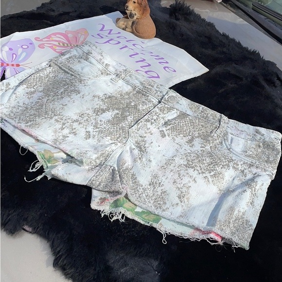 Flip Side 2 Sided Blue Jean Short Shorts Floral Gray Denim Frayed Hem Juniors 17 - Picture 8 of 16